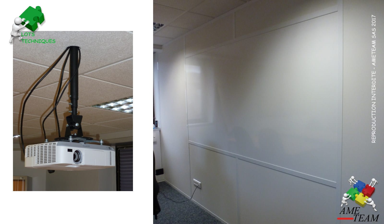Projet VAL SOLUTIONS /LYON 7 : Projection sur panneau blanc (projection - ecrriture et magnetique) / Projecteur au centre au plafond